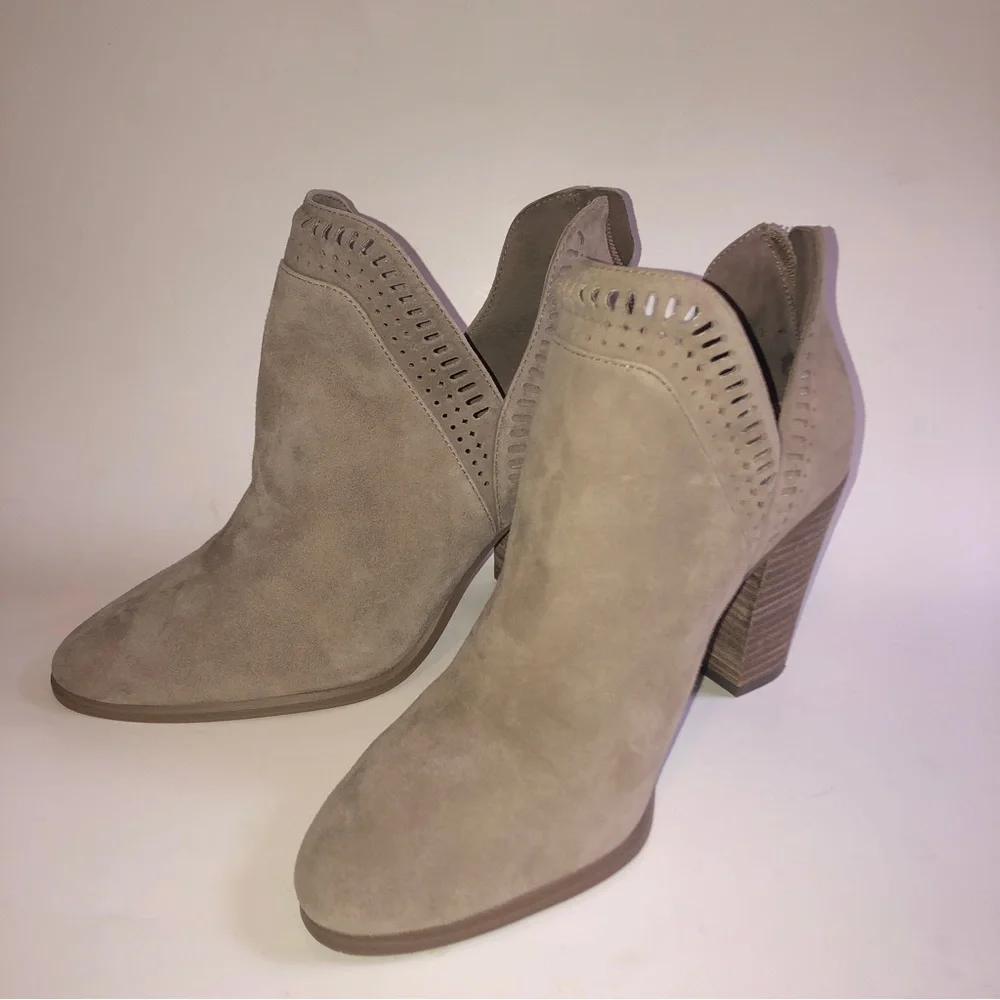 Vince Camuto Fileana French Taupe Split Shaft Laser Cut Out Ankle Boots